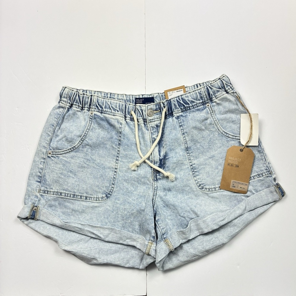 Project Indigo Light Wash Denim Pull Shorts Sz L Elastic Waist Cargo Pockets New